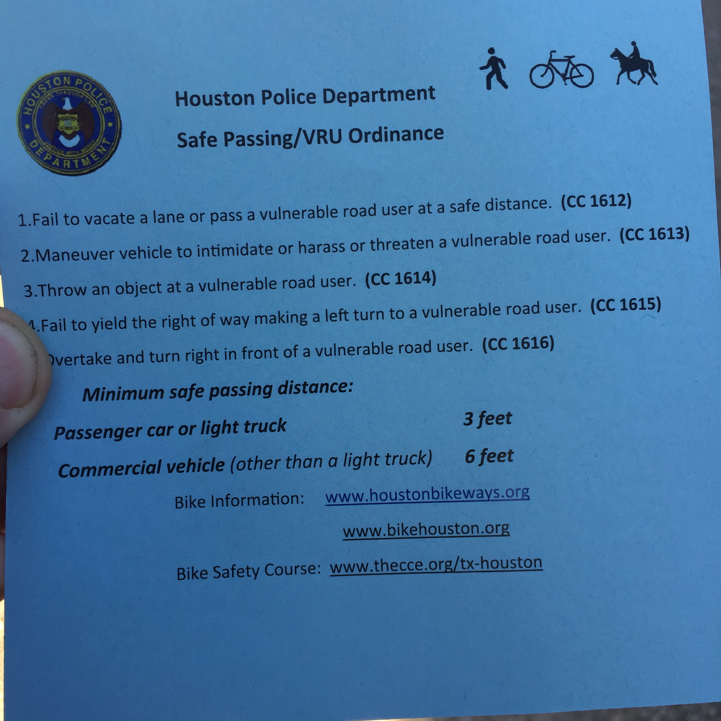 Every Houston Police Department Cruiser / Officer has been issued and briefed on these cards Summarizing Laws as they pertain to bicycles.