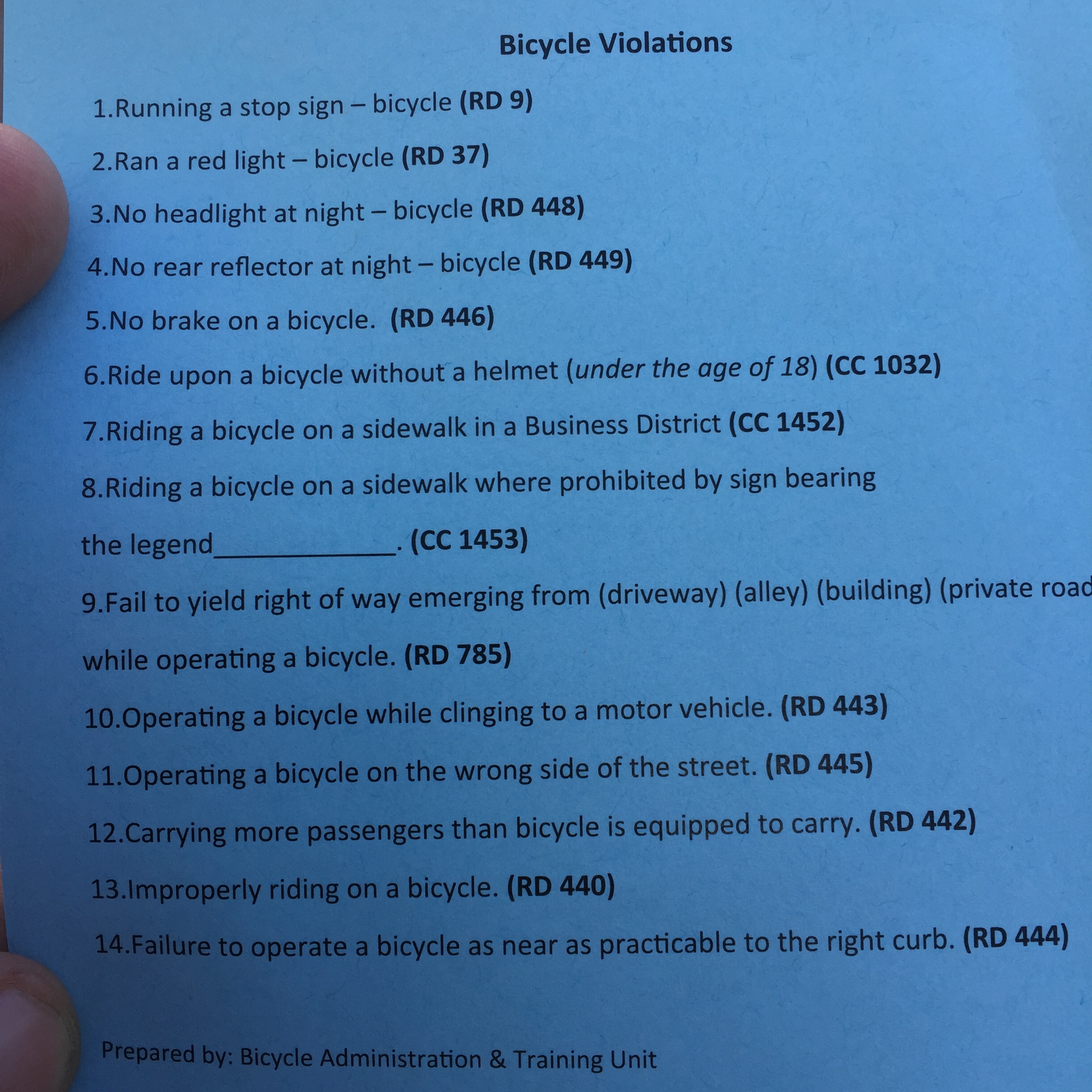 Every HPD Patrol Officer was issued and briefed on this (two sided) card- summarizing bicycle / motor vehicle traffic laws. 